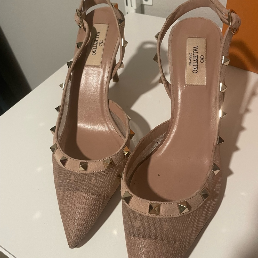 Valentino Nude 85mm Rockstud Mesh Lace Slingback Heels Pumps